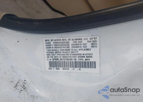 2007 Honda Odyssey Ex-L from USA, damaged, VIN 5FNRL38707B440118